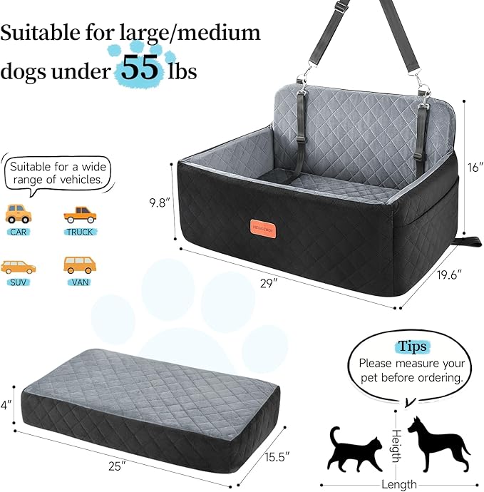 Dog Car Seat for Medium/Large Dogs, Pet Booster Seat for Under 55 lbs or 2 Small Dogs, Detachable & Washable Dog Car Bed for Backseat with 2 Safety Leashes (Black/Grey)-PawvioPets