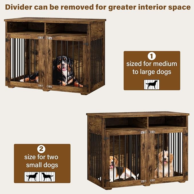 Furniture Dog Crate for 2 Dogs, 41 Inch Dog Kennel Furniture with Removable Divider and Shelf Storage, Wooden Dog Crate for Small/Medium Dogs, Rustic Brown-PawvioPets