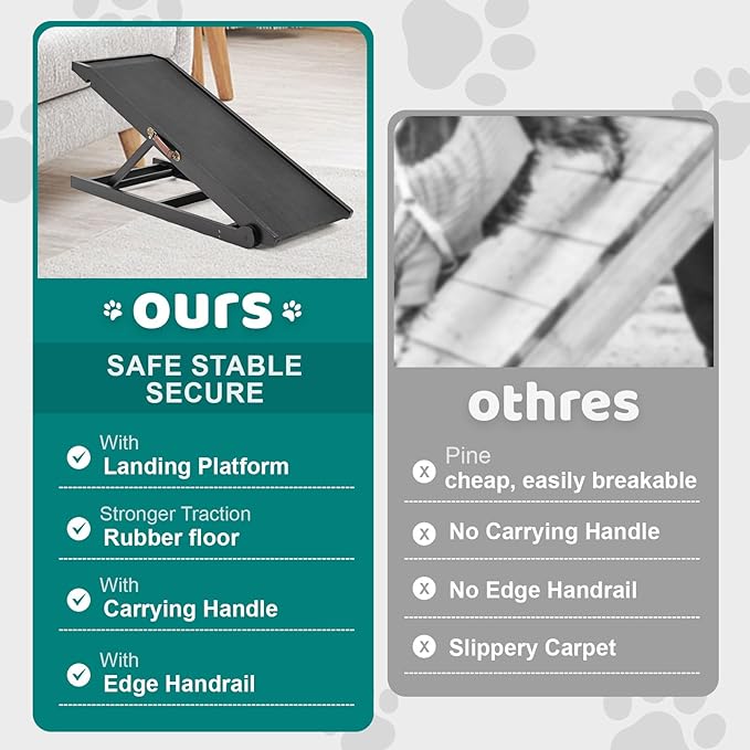 Dog Ramp for Bed, Adjustable Pet Ramps for Dog to Get on Bed, Non-Slip Rubber Surface - Folding Wooden Dog Ramp for Small/Large/Old Dogs, Adjustable up to 19.5 inch High Beds-PawvioPets