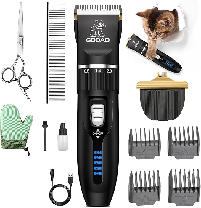 Cat Clippers, Professional Cat Grooming Kit, Cordless Cat Grooming Clippers for Thick Coats, Cat Hair Trimmer, Low Noise Cat Shaver Clippers, Quiet Pet Hair Clippers Tools for Cats Dogs (Black)-PawvioPets