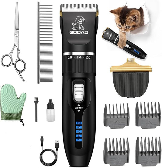 Cat Clippers, Professional Cat Grooming Kit, Cordless Cat Grooming Clippers for Thick Coats, Cat Hair Trimmer, Low Noise Cat Shaver Clippers, Quiet Pet Hair Clippers Tools for Cats Dogs (Black)-PawvioPets