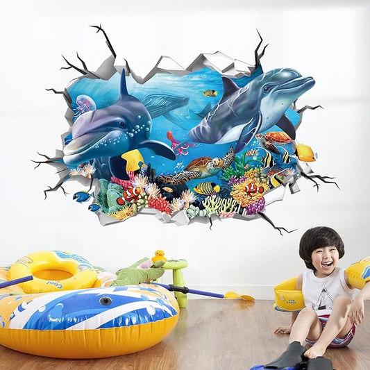 decalmile 3D Under The Sea Dolphin Fish Wall Decals Ocean Turtle Seaweed Broken Wall Stickers Boys Bedroom Living Room Bathroom Wall Decor-PawvioPets