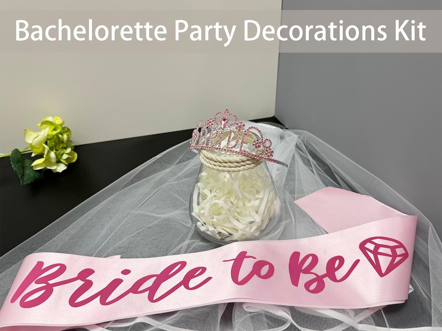 JETKONG 3 Pcs Bachelorette Party Decorations BRIDE Crown, Bride to Be Sash&Veil for Women Bachelorette Party Gifts, Bridal Shower Supplies, Gifts, Favors (Pink)