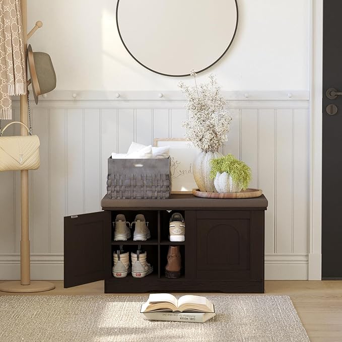 DINZI LVJ Shoe Bench, Entryway Storage Bench with Doors, Cushion, 2-Tier Shoe Rack with 6-Cubby, 31.5”L x 13.8”W Shoe Organizer Cabinet, Adjustable Shelf, Living Room, Bedroom, Espresso-PawvioPets