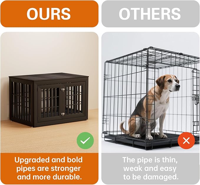 42" Heavy Duty Dog Crate Furniture for Small,Medium and Large Dogs,Rustic Wooden Dog Cage Kennel Indoor Furniture with Waterproof Top,Decorative Pet House Side End Table (Black & Grey)-PawvioPets