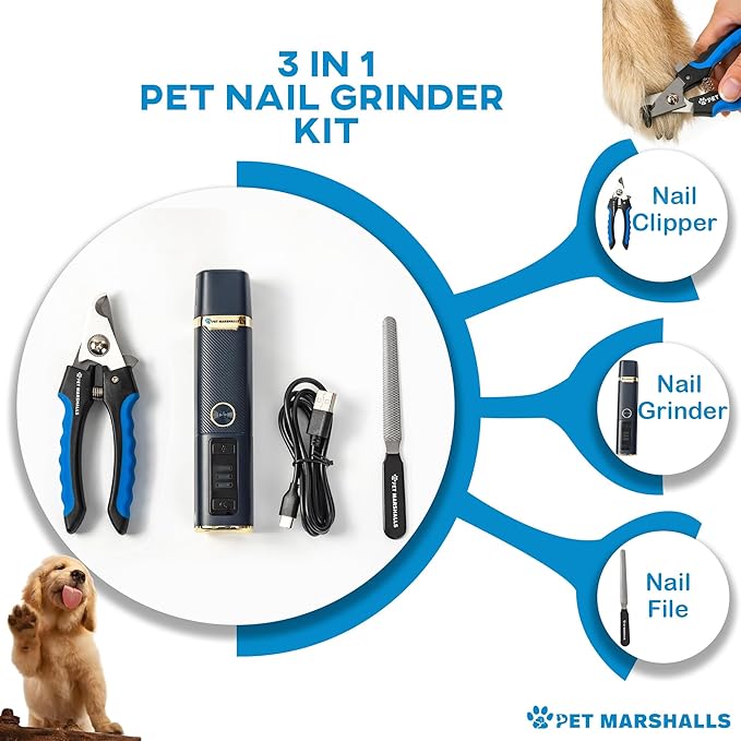 3-in-1 Cat & Dog Nail Grinder with Clipper & File, Quiet LED Trimmer, 3-Speed Pet Grooming Tool, Rechargeable 2000mAh Battery-PawvioPets