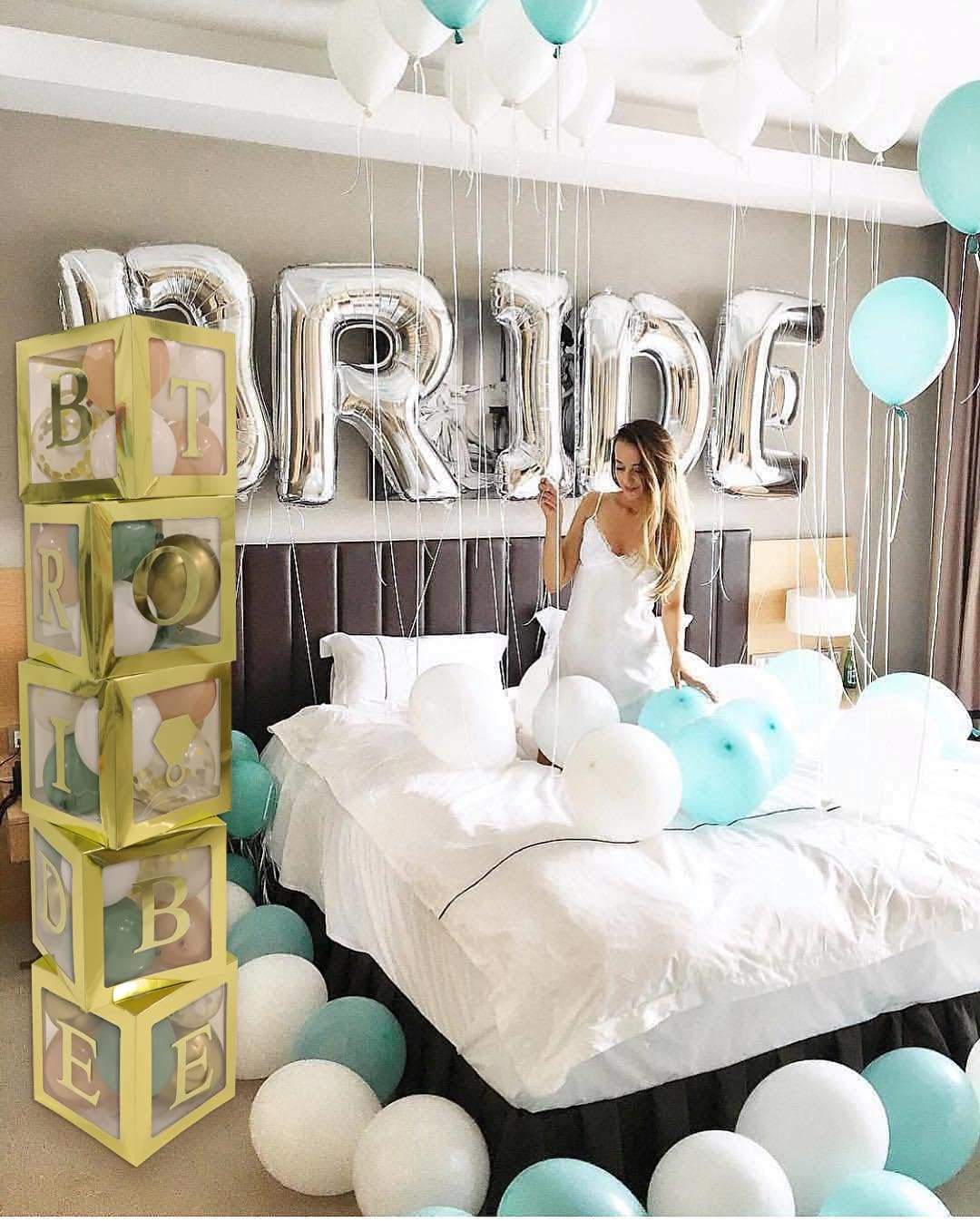 96 PC Bridal Shower Decorations Balloon Boxes Gold- Transparent Block with BRIDE TO BE + GROOM + A - Z Letters and 40 Balloons- Engagement Bachelorette Parties Weddings Centerpieces Photo Booth Props