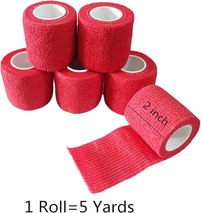 6 Pack 2" x 5 Yards Self Adhesive Bandage Wrap Breathable Cohesive Vet Wrap for Pets, Elastic Self-Adherent Tape for Sports, Wrist, Ankle (Red)-PawvioPets