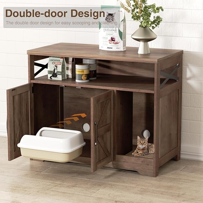 Cat Litter Box Enclosure, Hidden Litter Box Furniture with Scratch Pad, Farmhouse Indoor Cat House Washroom End Table, Retro Brown-PawvioPets