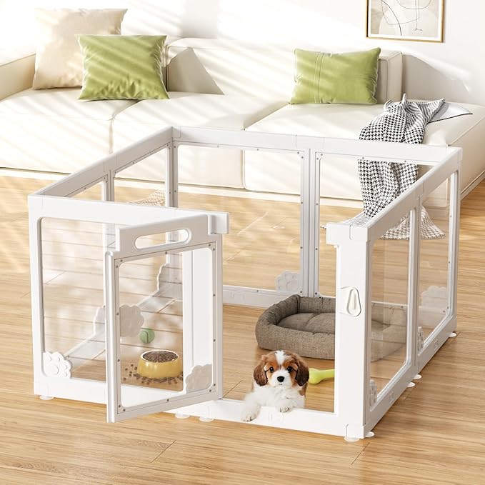 Acrylic Clear Dog Play Pen Indoors, Puppy Playpen with Door for Small Dogs Puppies, Transparent Plastic Pet Playpen Cage Fence Crate Kennel for Cat Kitten Rabbit Bunny Ferret etc (White-8 Panels)-PawvioPets