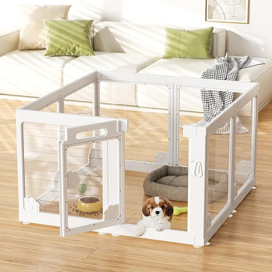 Acrylic Clear Dog Play Pen Indoors, Puppy Playpen with Door for Small Dogs Puppies, Transparent Plastic Pet Playpen Cage Fence Crate Kennel for Cat Kitten Rabbit Bunny Ferret etc (White-8 Panels)-PawvioPets