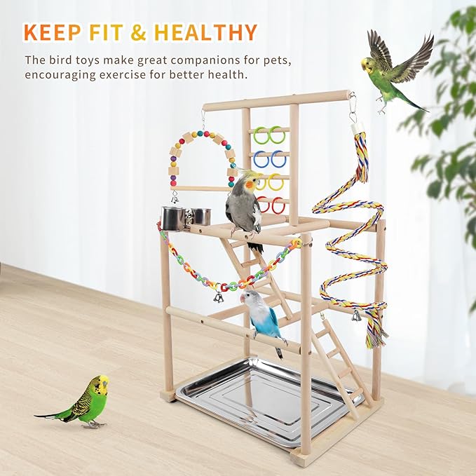Bird Playground, Parrots Playstand for Small to Medium Birds, Perch Stand with 3 Ladders Playgym with Rope Perch, Swings Feeder Cups Bird Cage Accessories for Conure Cockatiel Lovebirds-PawvioPets