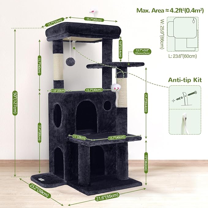 Globlazer Cat Tree Tower for Indoor Cats, 50-inch Adult Cat Tree House for Large Adult Cats with Steps, Scratching Post, 2 Cat Caves, Dangling Toys, FC50, Dark Grey-PawvioPets