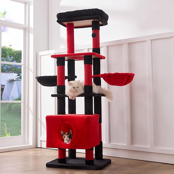 Gardner Pet 65in Heavy Duty Cat Tree Tower for Large Cats, Multi-Level Cat Furniture with Replaceable Sisal Scratching Post, Hammock | Extra-Large Platform & Condo (Black Red, Basic φ:2.84")-PawvioPets