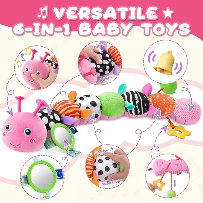Baby Toys 0-6-12 Months,Musical Caterpillar Stuffed Animals Activity Infant Toys with Crinkle,Rattles,Mirror&Pull String,Muti-Sensory Toys Gifts for Newborn Tummy Time,Candy Pink|Leafy-PawvioPets