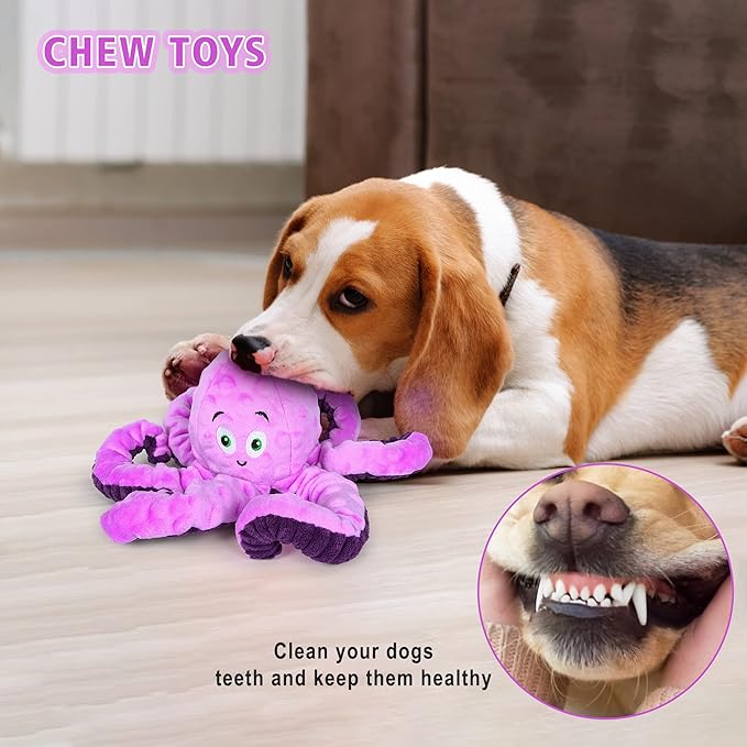 Dog Squeaky Toys Octopus - Tough Plush Large Medium & Small Dog Toys - Stuffed Animals Puppy Toys - Funny Cute Dog Toy for Dog Birthday Presents (Octopus Purple)-PawvioPets