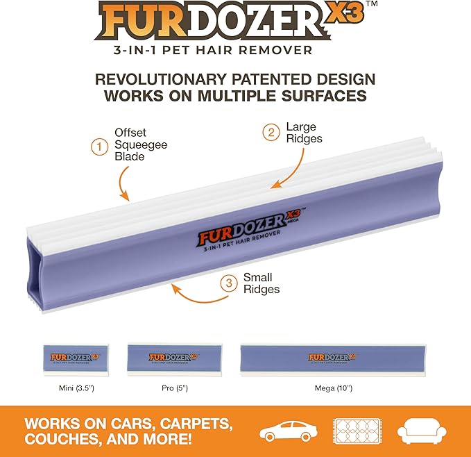 FurDozer X3 MEGA Pet Hair Remover & Auto Detailing Tool - Cat & Dog Hair Remover for Carpet, Car Interior, Couch, Bedding, & Furniture - Reusable Pet Hair Removal Tool for Dog Fur & Lint, 10", Purple-PawvioPets