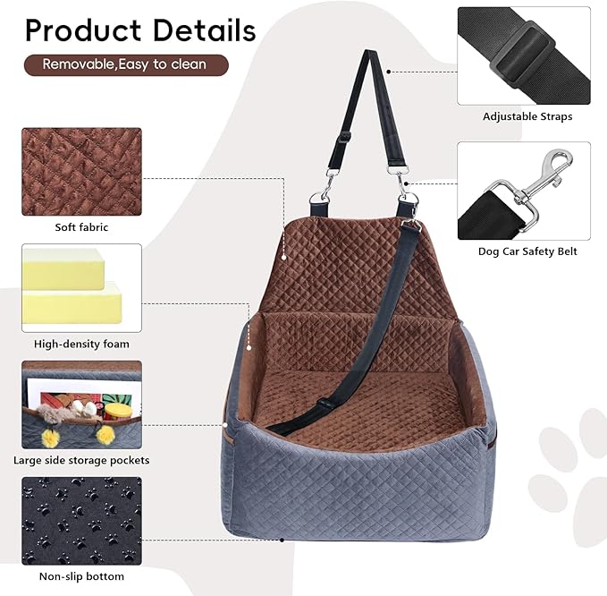 Dog Car Seat for Small Medium Dogs, Soft Fabric Dog Booster Seat with Storage Pockets, Safety Belt, Comfy Pet Car Seat Travel Bed, Removable and Washable-PawvioPets