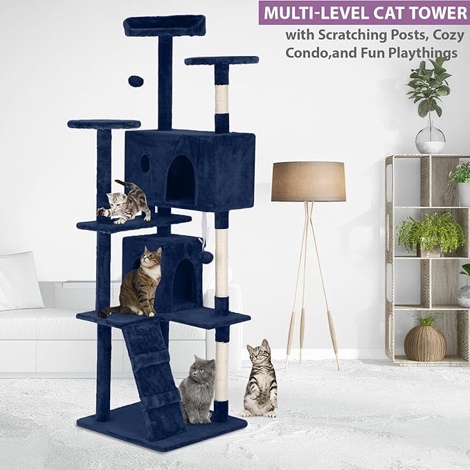 70 Inches Multi-Level Cat Tower for Indoor Cats - XL Tree Climbing Condo With Scratching Posts and Hanging Toys, Navy Blue-PawvioPets