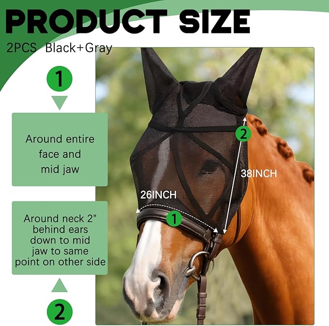 2 Pcs Horse Fly Mask with Ears Adjustable UV Protection Horse Fly Mask Accessories Large Eye Space with Ears for Horses Summer, Black and Gray, L-PawvioPets