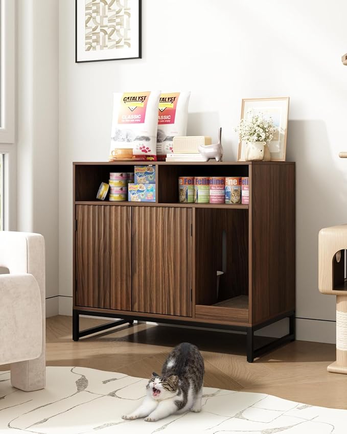 Cat Litter Box Enclosure, Large Hidden Pet Storage Cabinet Furniture with Waveform Fluted Doors & Scratching Pad, Modern Wooden Cat House Indoor for Washroom, Living Room, Bedroom, Rustic Brown-PawvioPets