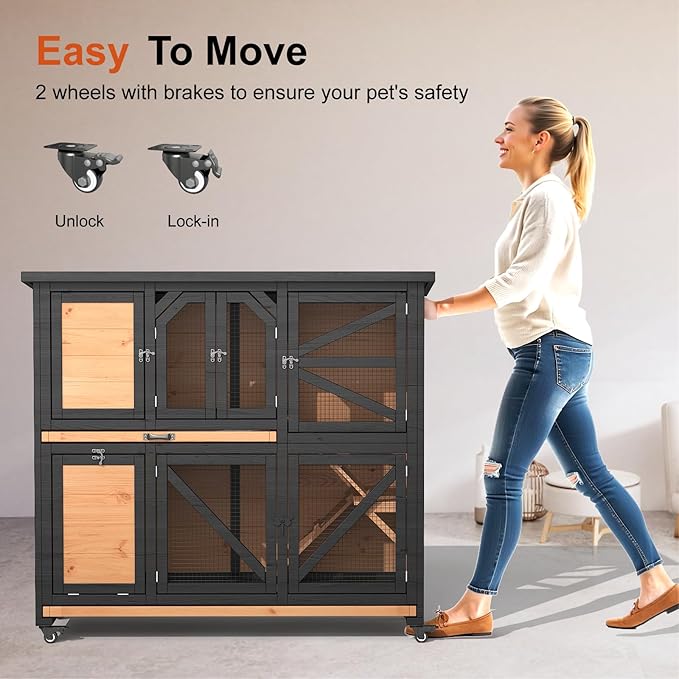 47.3" Two Story Rabbit Cage Bunny Cage Indoor, Wooden Rabbit Hutch Hamster Cages for Small Animals, Outdoor Guinea Pig Cages with Wheels & 2 Removable Trays & Bottom Wire Mesh-PawvioPets