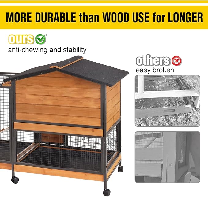 AIVITUVIN Rabbit Hutch Indoor with Metal Frame Rabbit Cage with Pull Out Tray No Leakage Bunny Cage with Wheel Guinea Pig Cage-PawvioPets