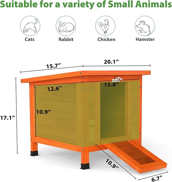 Coziwow Rabbit Hutch, Outdoor Cat House Weatherproof, Bunny Cage Indoor with Openable, Portable Small Animals Shelters with Nonslip Ramp for Hideout Rabbits/Feral Cats/Chicken/Small Animals-Orange-PawvioPets