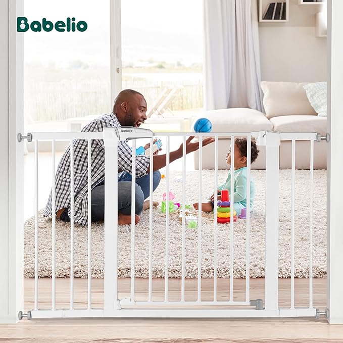 Babelio Metal Baby Gate, 29-48“ Auto Close Easy Install Pet Gate, Extra Wide Walk Thru Child Safety Gate, Pressure Mounted Dog Gate for Doorways & Stairs, with Y Spindle Rods, White-PawvioPets