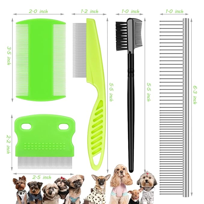 Flea and Lice Comb for Cats and Dogs - 2-in-1 Metal Round Smooth Teeth Pet Grooming Comb - Tear Stain and Mucus Crust Remover - Removes Floating Hair, Tangles, Dander (Green)-PawvioPets