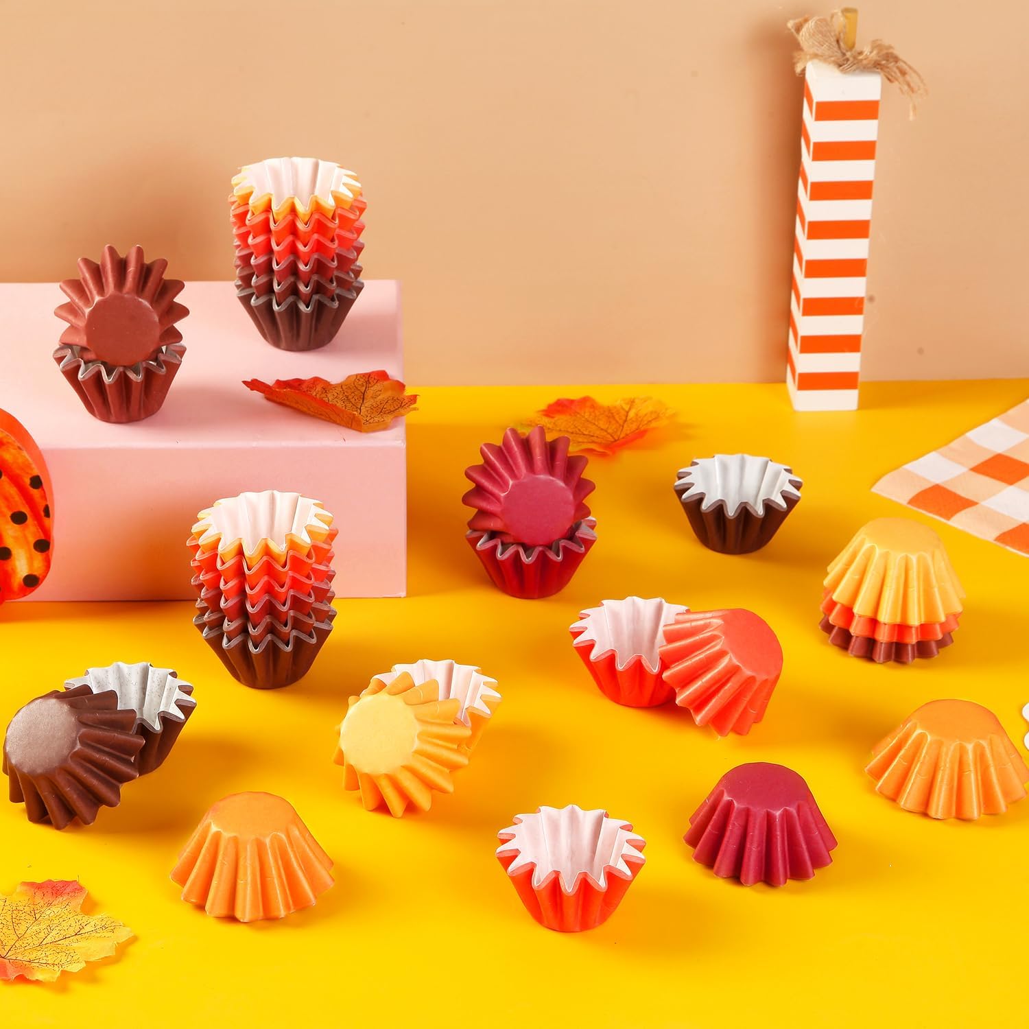 Quera 300Pcs Fall Grease-Resistant Mini Cupcake Liners Yellow Orange Wedding Muffin Baking Cups Baby Shower Cupcake Wrappers for Wedding Birthday Holiday Party or Baby Shower(1.18 x 1.18 in)