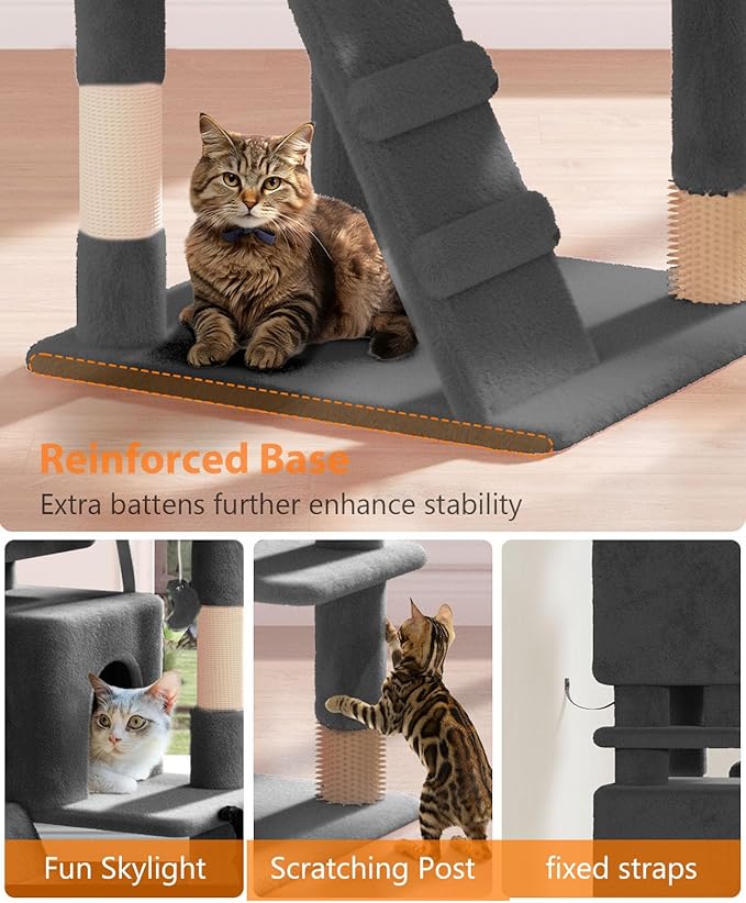 54" Cat Tree Tower for Indoor Cats Large Adult,Cute/Tall Modern Cat Tree for Big Cats 20 lbs, Plush Multi-Level Cat Condo with Scratching Posts,Hammock, Dangling Ball (Smoky Gray, 54 inch)-PawvioPets