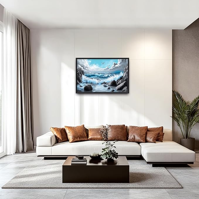 Extra Large Framed Abstract Sea Ocean Wall Art,Black and White Wall Decor, Coastal Seashore Pictures for Living Room,Canvas Print Painting Modern Artwork Bedroom Office Bathroom 36L x 24W-PawvioPets