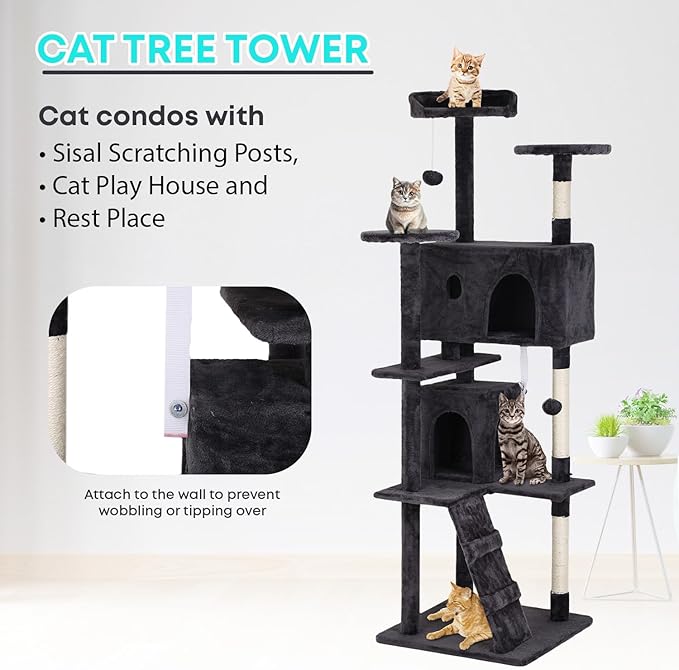 FDW Cat Tree 70in Cat Tower Multi-Level Durable Cat Scratching Post & Cozy Fun Cat Jumping Platform Space Saving Cat Condo Pet Play House for Indoor Cats,Dark Gray-PawvioPets