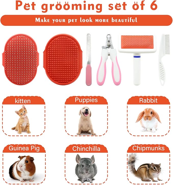 Cat Grooming Kit Set with Pet Shedding Slicker Brush Nail Clipper Trimmer Pet Massage Bath Glove Flea Comb for Bunny Puppy Kitten Guinea Pig Chinchilla Ferret Small Animals (Red, Pink)-PawvioPets
