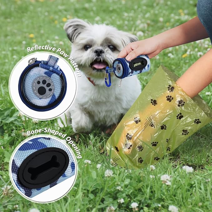 Dog Poop Bag Holder for Leash Doggie Waste Bag Dispenser Puppy Potty Carrier Small Doggy Zipper Pouch with Carabiner Clip 1680D Nylon Oxford with 1 Roll of Pet Trash Bags, Sky Blue Camo-PawvioPets