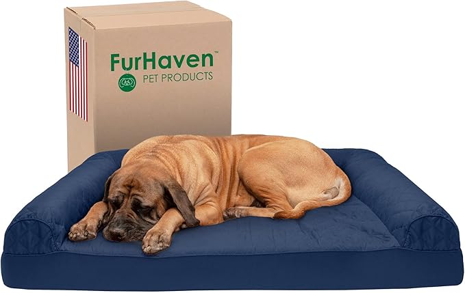 Furhaven Cooling Gel Dog Bed for Large Dogs w/ Removable Bolsters & Washable Cover, For Dogs Up to 125 lbs - Quilted Sofa - Navy (Blue), Jumbo Plus/XXL-PawvioPets