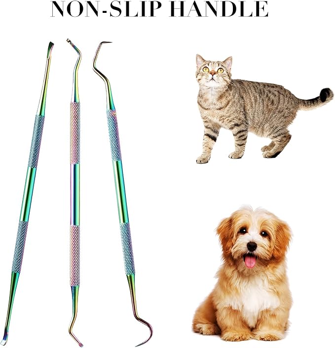 3 Pieces Dog Dental Tooth Scaler and Scraper Stainless Double Headed Tarter Removing Tool Scraper Pet Teeth Cleaning Tools for Dog and Cat (Rainbow Color)-PawvioPets
