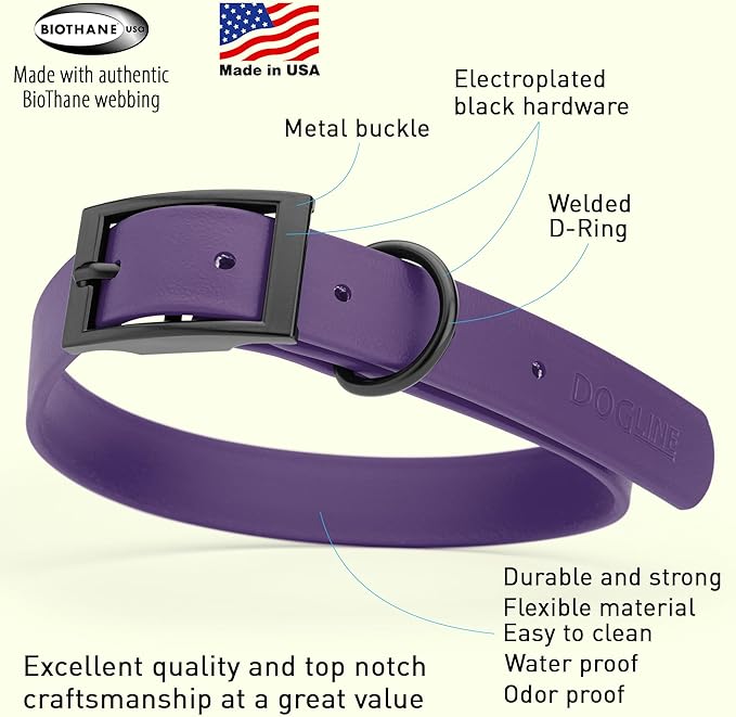 Dogline Biothane Waterproof Dog Collar Strong Coated Nylon Webbing with Black Hardware Odor- Proof for Easy Care Easy to Clean High Performance Fits Small Medium or Large Dogs, Violet Purple-PawvioPets
