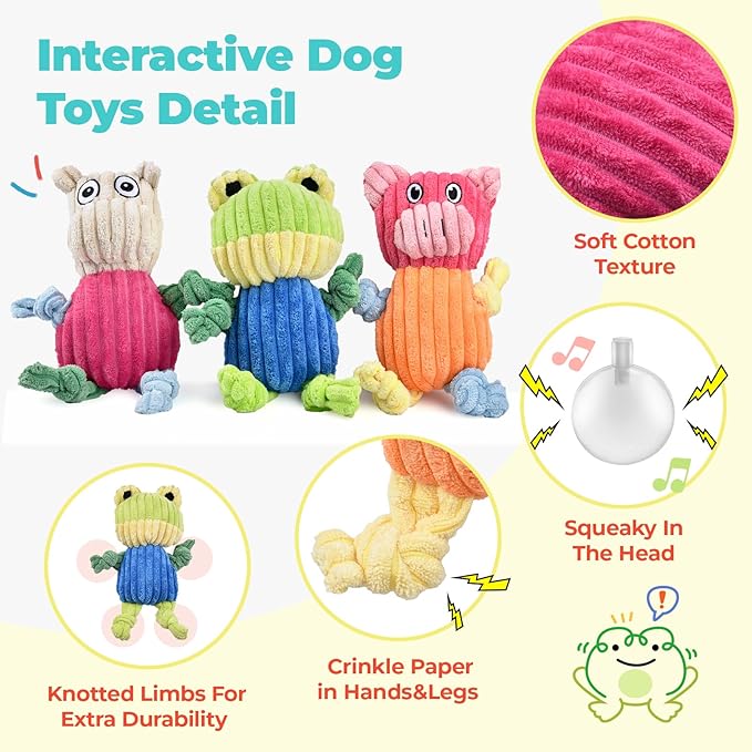 3pcs Dog Squeaky Toys, Plush Stuffed Puppy Chew Toy for Extended Play, Interactive Toys Great Gifts for Small Medium Large Chewer Dogs, Pet Toy Bulk to Keep Them Busy(Forg&Hippo&Pig)-PawvioPets
