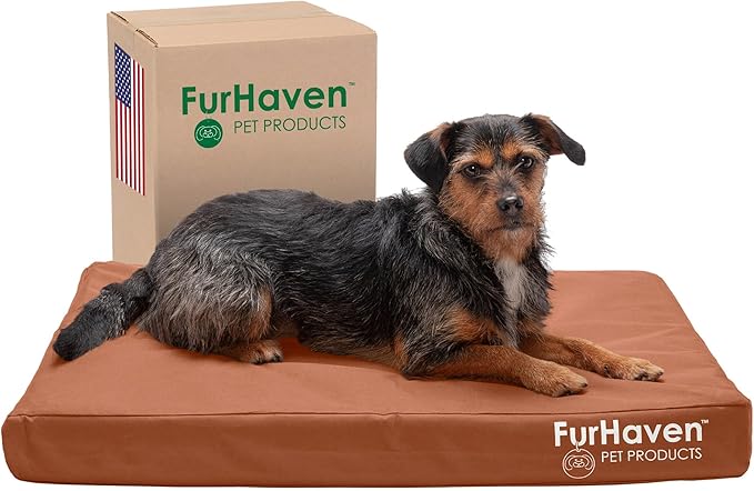 Furhaven Water-Resistant Cooling Gel Dog Bed for Medium/Small Dogs w/ Removable Washable Cover, For Dogs Up to 35 lbs - Indoor/Outdoor Logo Print Oxford Polycanvas Mattress - Chestnut, Medium-PawvioPets