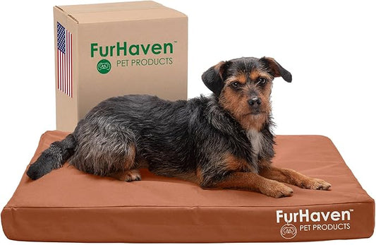 Furhaven Water-Resistant Cooling Gel Dog Bed for Medium/Small Dogs w/ Removable Washable Cover, For Dogs Up to 35 lbs - Indoor/Outdoor Logo Print Oxford Polycanvas Mattress - Chestnut, Medium-PawvioPets