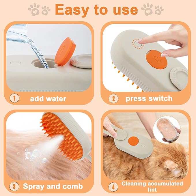 4-in-1 Cat Steam Brush Cat and Dog Anti-Static steam Brush with Spray for Massaging,cleaning,Shedding,Grooming,New Rechargeable Pet Grooming Brushes(cream khaki)-PawvioPets