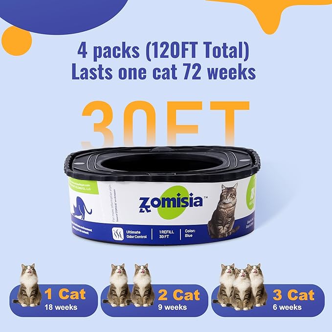 4 Pack Cat Litter Refill Bags, Non-See-Through Jumbo 120FT Cartridge Refill Total Up to Over 16 Months Per Cat for Odor Control, Compatible with Genie Standard, Plus, Style-PawvioPets