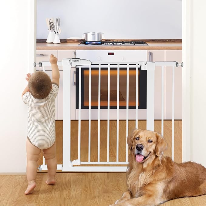 Babelio Metal Baby Gate, 29-43" Auto Close Easy Install Pet Gate, Extra Wide Walk Thru Child Safety Gate, 30" Tall Pressure Mounted Dog Gate for Doorways & Stairs, White-PawvioPets