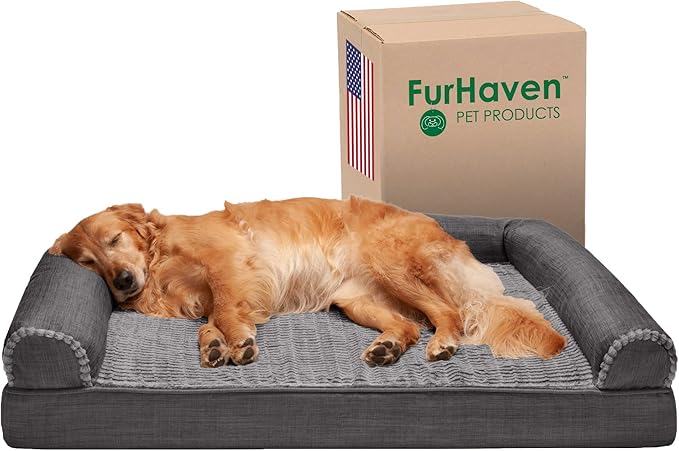 Furhaven Orthopedic Dog Bed for Large Dogs w/ Removable Bolsters & Washable Cover, For Dogs Up to 95 lbs - Luxe Faux Fur & Performance Linen Sofa - Charcoal, Jumbo/XL-PawvioPets