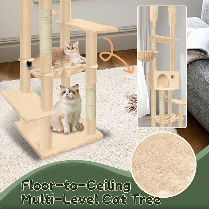 96.5"-108" Cat Tree Floor to Ceiling 7-Tier Cat Tower Adjustable Height with Scratching Posts, Cozy Hammock, Cat Condo for Indoor Cats(Beige)-PawvioPets