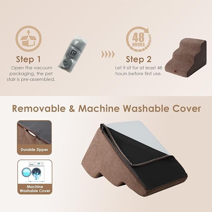 EHEYCIGA Curved Dog Stairs Ramp for Small Dogs 15.7" H, 3-Step Dog Steps for Couch Sofa and Chair, Pet Stairs for Cats, Non-Slip Balanced Pet Steps Indoor, Brown-PawvioPets