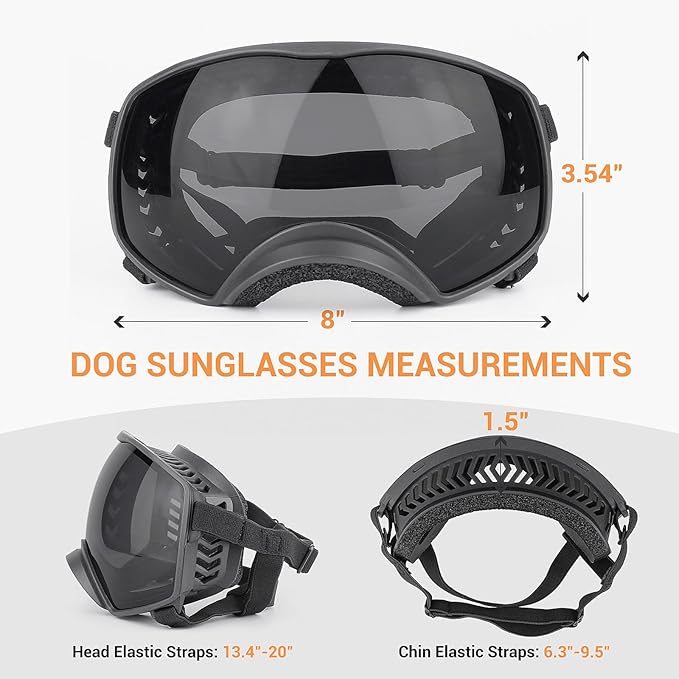 Dog Sunglasses UV Protection Clear Dog Goggles Windproof Glasses with Elastic Straps for Medium-Large Breed, Black Frame + Black Lens-PawvioPets