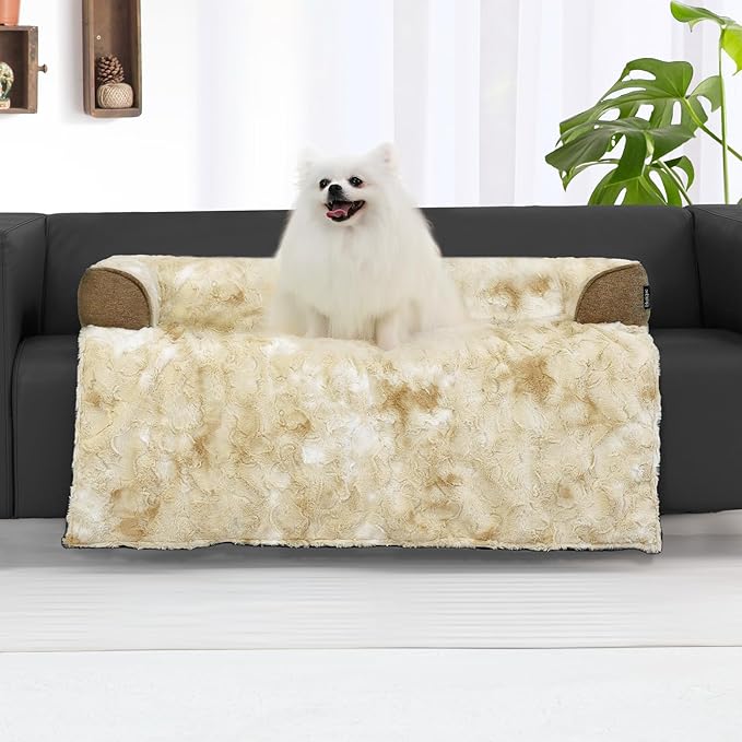 Calming Dog Couch Bed for Medium Dogs/Cats, 35 x 31 inch Waterproof Removable Dog Mat Couch Cover for Furniture Protector, Non-Slip Fluffy blunique Pet Bed for Couch, Sofa - Tie-Dye Khaki-PawvioPets